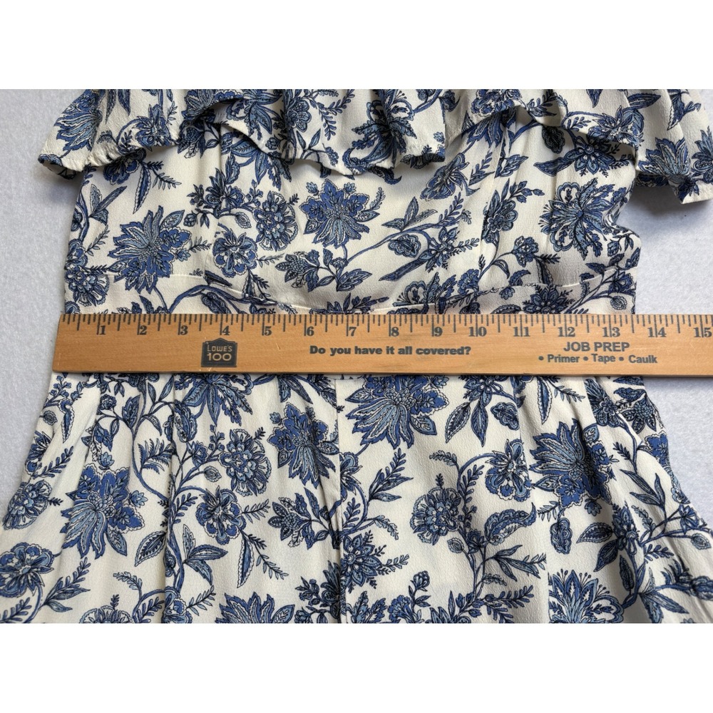 LOFT Women Blue White Floral Toile Wide Leg Ruffle Jumpsuit Size 0 Sleeveless - Picture 7 of 11
